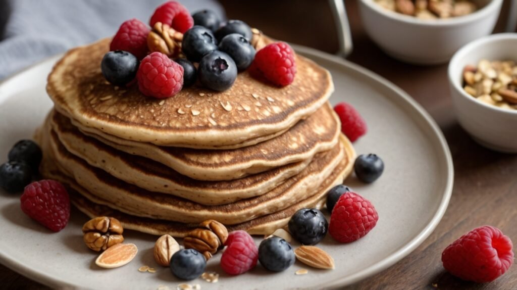 Default A breakfast table set with fluffy wholewheat pancakes 2