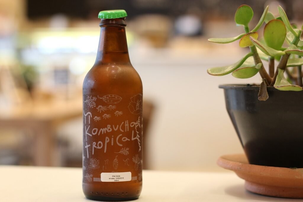 Properly stored bottles of kombucha in the refrigerator