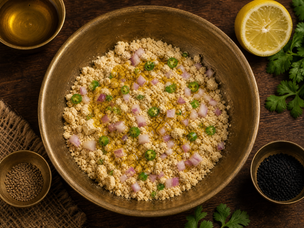 litti chokha Make the sattu filling.