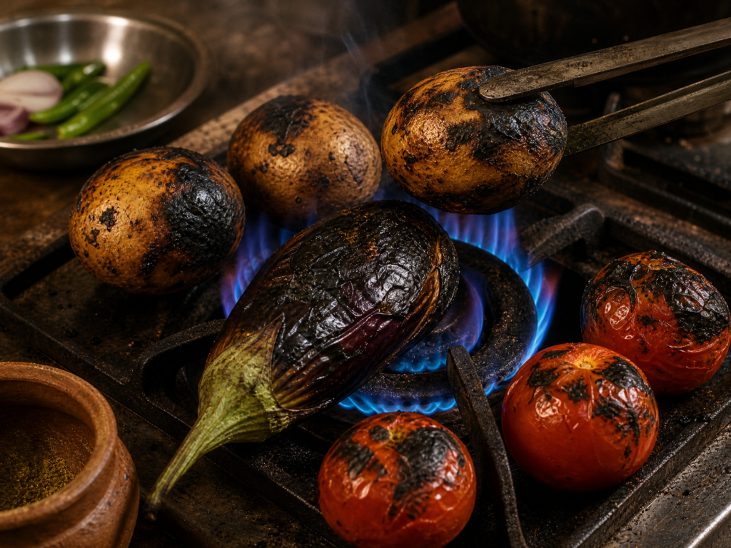 litti chokha Roast the vegetables for chokha