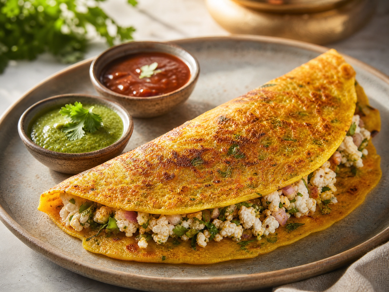 Learn how to make the most delicious and healthy high-protein Moong Dal Chilla with a savory paneer stuffing straight from my kitchen! The perfect Indian breakfast for weight loss and meal prep.