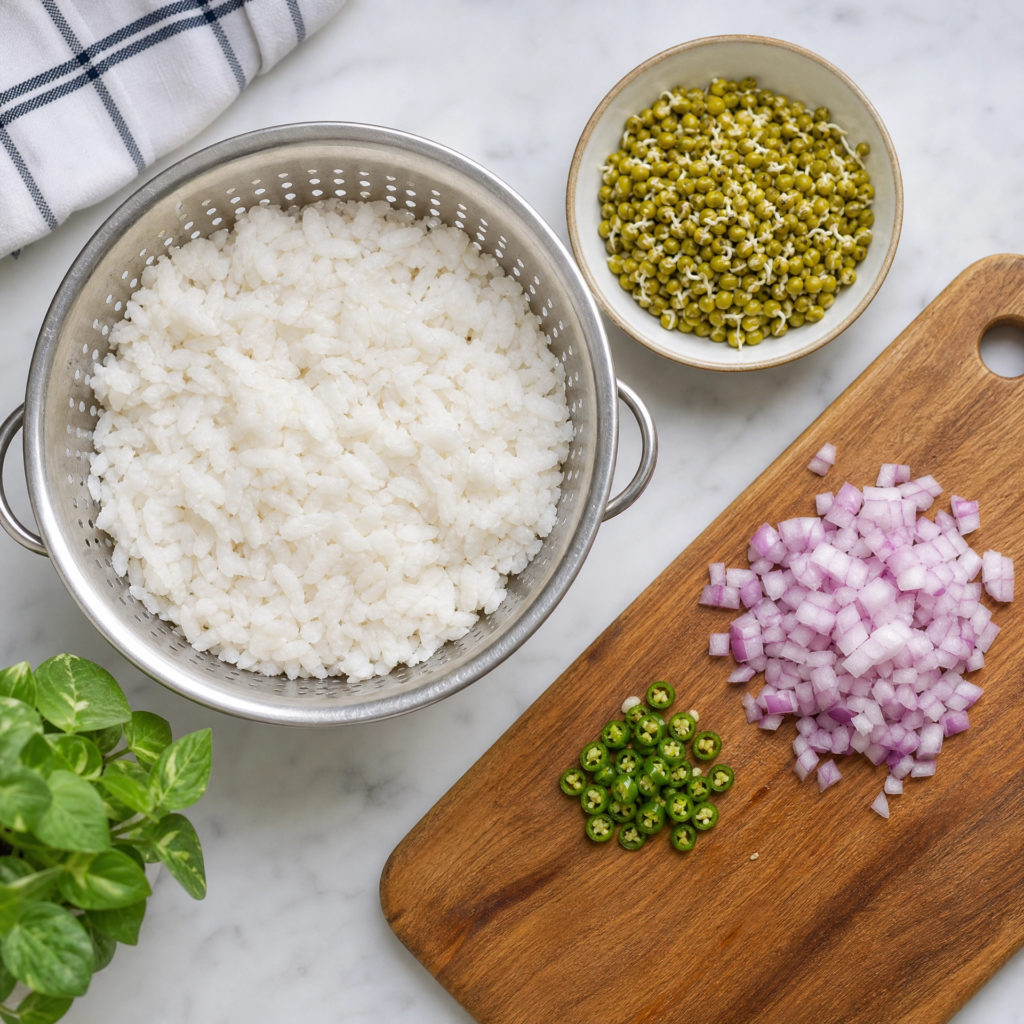 sprouts poha, healthy breakfast ideas, high protein indian food, moong sprouts recipe, indian meal prep.